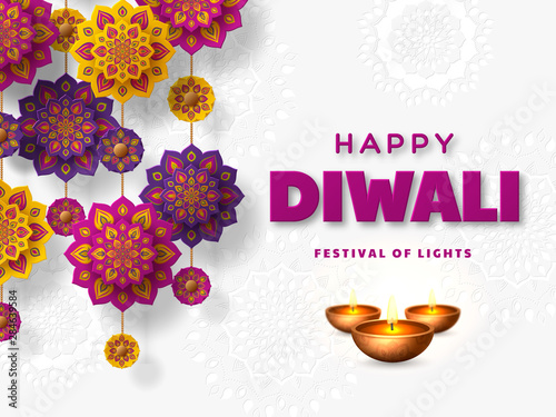 Diwali festival of lights holiday design with paper cut style of Indian Rangoli and diya - oil lamp. Purple color on white background. Vector illustration.