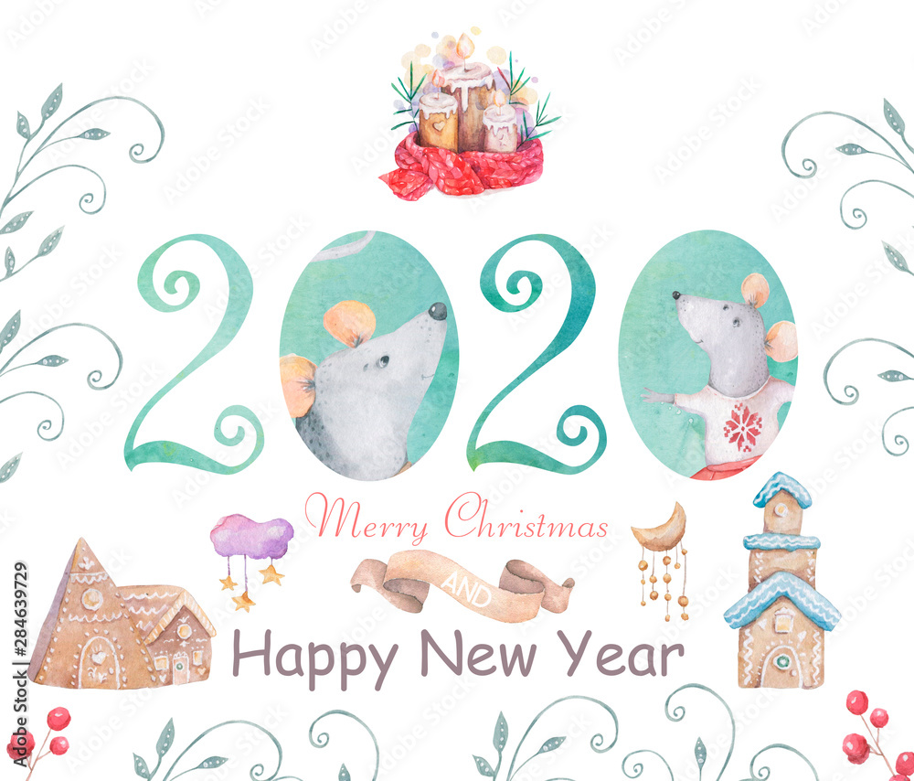Cute cartoon christmas rat mouse christmas card. Watercolor hand drawn animal illustration. New Year 2020 holiday drawing illustration. Symbol 2020 characters set Cute cartoon christmas rat mouse christmas card. Watercolor hand drawn animal illustration. New Year 2020 holiday drawing illustration. Symbol 2020 characters set