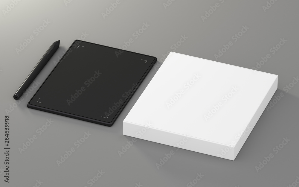 Graphic tablet with stylus and box - 3D illustration Graphic tablet with stylus and box - 3D illustration