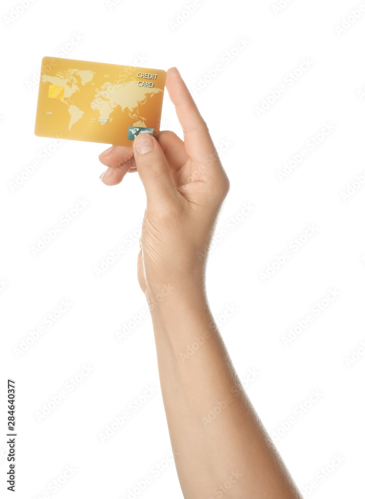 Female hand with credit card on white background Female hand with credit card on white background