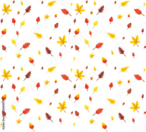 Seamless pattern from autumn leaves painted with watercolors on white background. Coloured bright leaves hand-painted, paint, texture, watercolor