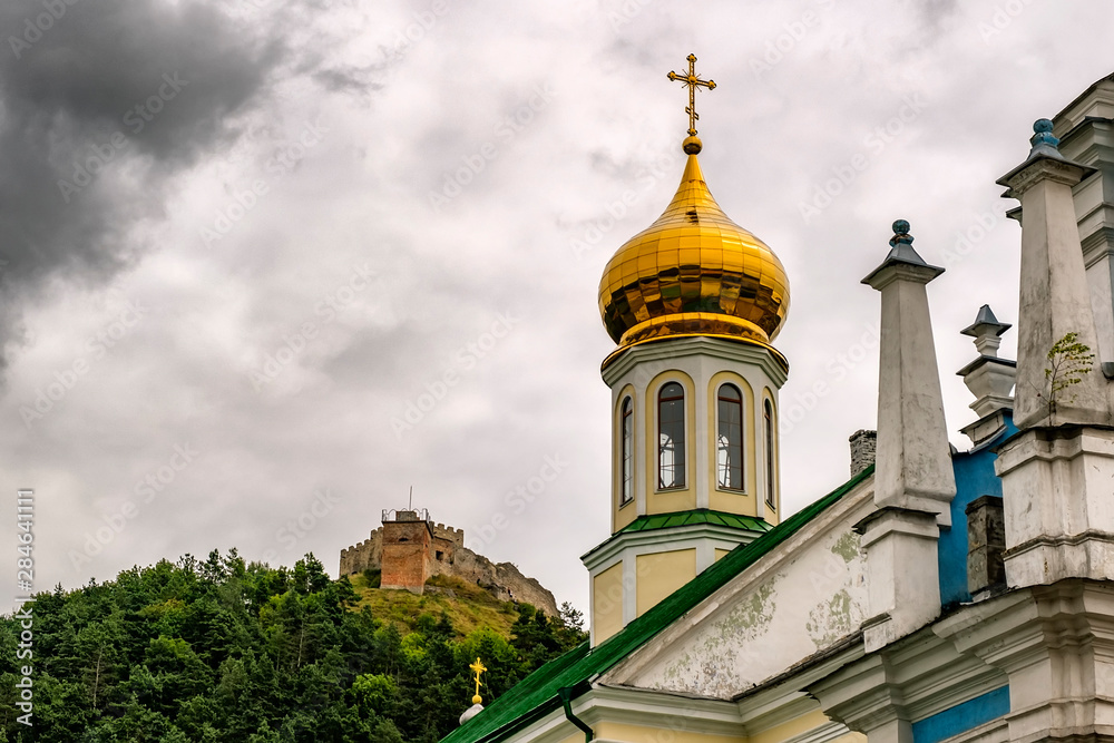 St. Nicolas Orthodox Church and Kremenets castle on Mount Bona over town Kremenets, Ternopil region, Ukraine. August 2019