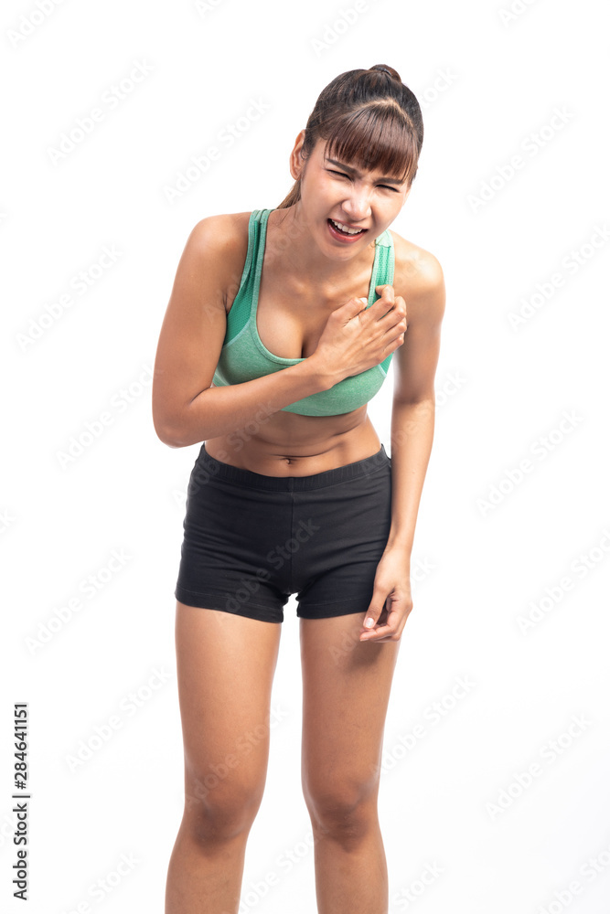 Fitness woman in pain. Asian girl, chest pain, having a painful heart attack. Fitness woman in pain. Asian girl, chest pain, having a painful heart attack.