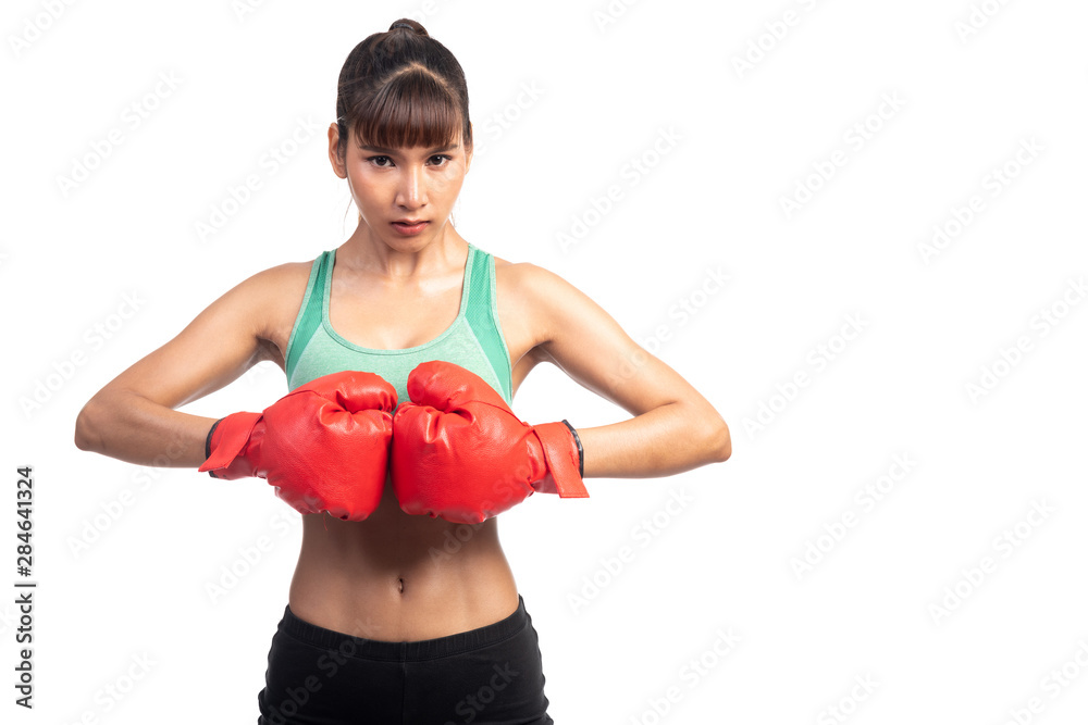 Fitness woman boxer isolated in white background. Asian girl, ready to fight.