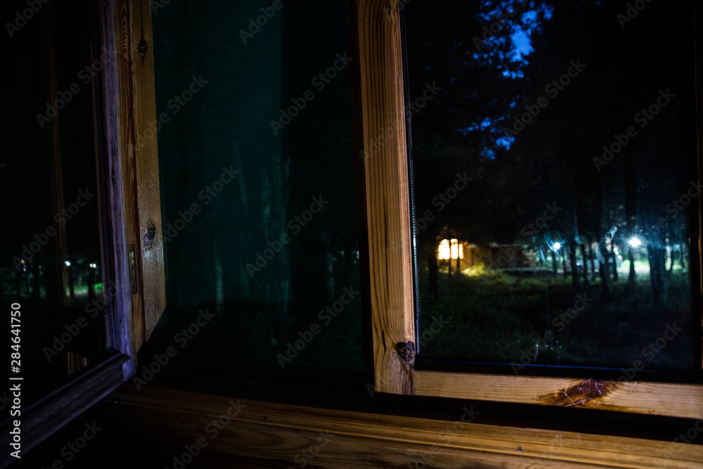 Fototapeta House in the forest at night. View from window. Selective focus