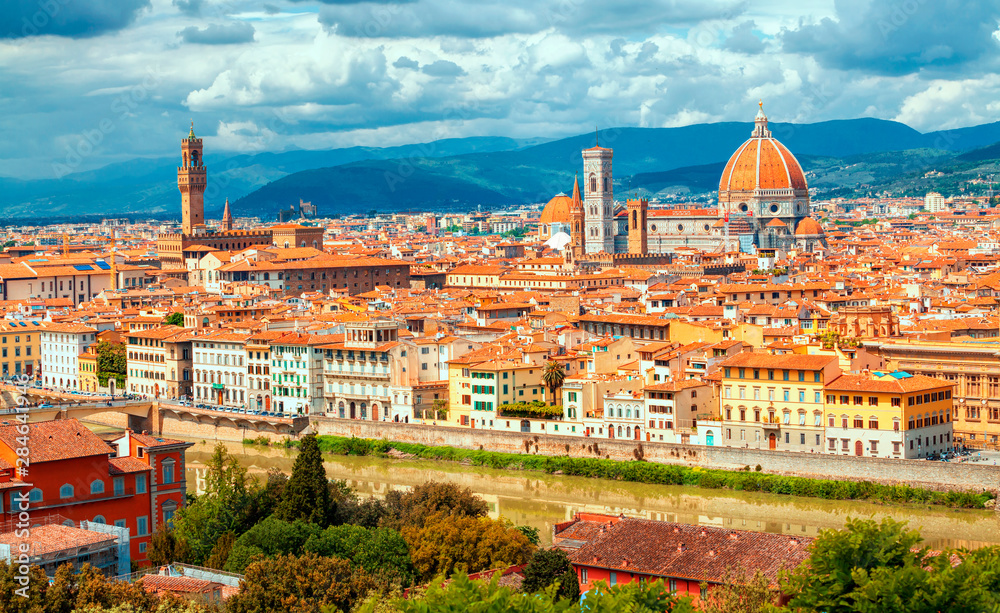 Panorama of Florence and Saint Mary of the Flower in Florence, Tuscany, Italy. Florence cityscape. Florence architecture and landmark.