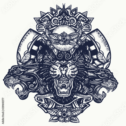 Three angry black panthers. Mayan tattoo. Wild cats queens in jungle. Esoteric totem. Mesoamerican mexican art