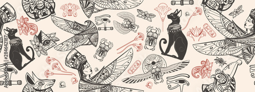 Ancient Egypt seamless pattern. Black cats, sacred scarab, queen Cleopatra, eye Horus. Old school tattoo style. Vintage papyrus paper. Ancient egyptian civilization background