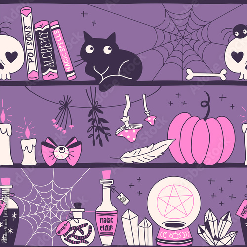 Witchy stuff hand drawn vector seamless pattern. Magic elixir, crystal ball, mushroom, black cat, pumpkin, plants on dark background. Alchemy and witchery wrapping paper, wallpaper textile design