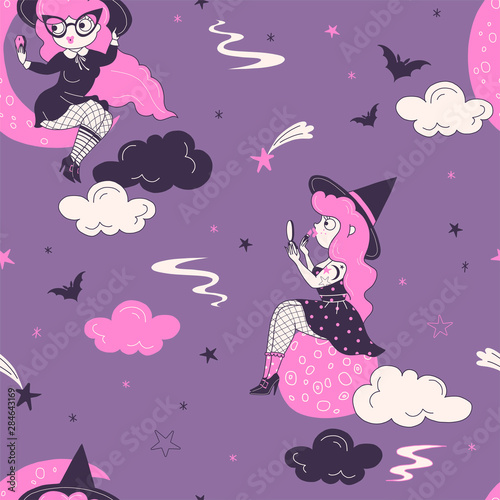 Sexy witch hand drawn vector seamless pattern. Pinup young girl sitting on moon, doing makeup on dark background. Cloud sky, halloween costume party wrapping paper, wallpaper textile design
