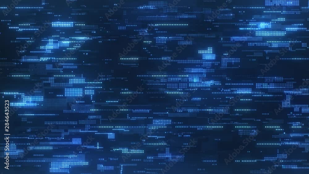 The abstract high-tech looking particles, which resemble the bright blue flickering pixels combined into matrices randomly spaced over a dark background.