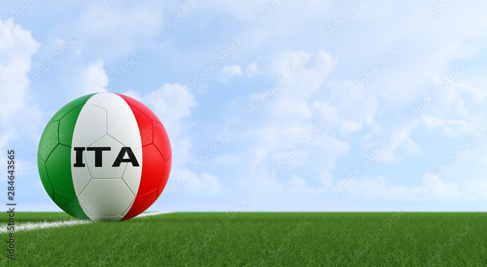 Soccer ball in italian national colors on a soccer field. Copy space on the right side - 3D Rendering Soccer ball in italian national colors on a soccer field. Copy space on the right side - 3D Rendering