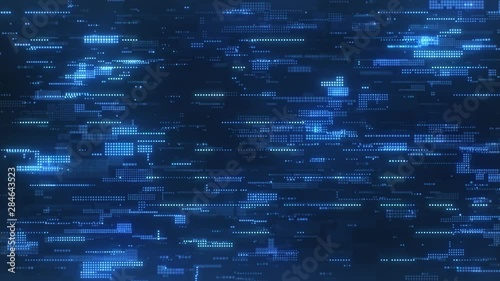 The abstract high-tech looking particles, which resemble the bright blue flickering pixels combined into matrices randomly spaced over a dark background.