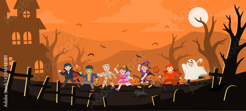Happy Halloween. Children dressed in Halloween fancy dress to go Trick or Treating.Template for advertising brochure.