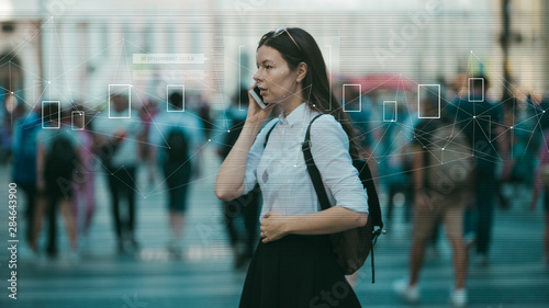 Facial recognition and search and surveillance of a person in the modern digital age, the concept.