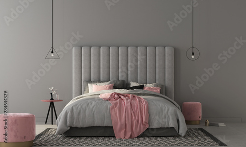 Bedroom with large gray bed and pink poufs. 3d render photo