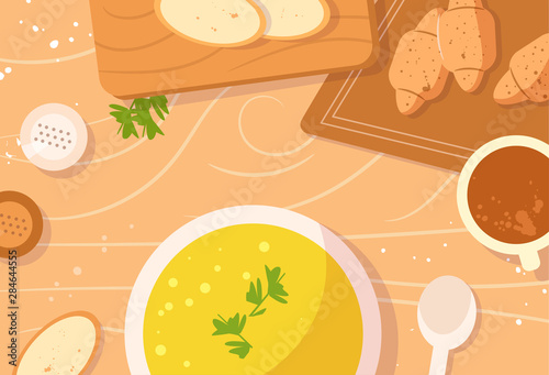 Table setting. Soup with herbs for lunch, coffee with croissants Vector. Cartoon.