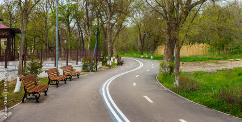The panoramic view of the curved walkway with pedestrian and bicycle parts under springtime trees in the park