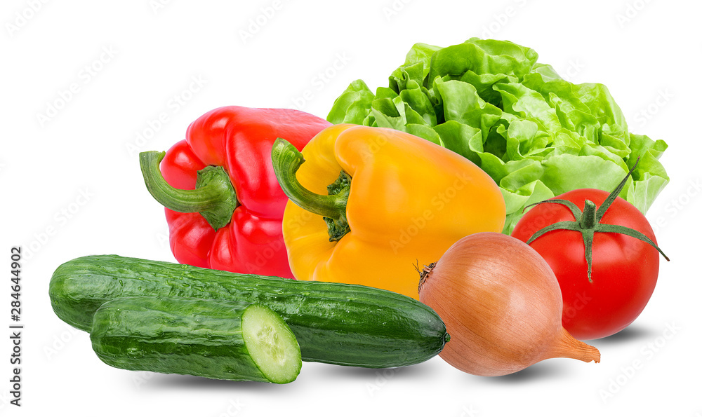 Fresh vegetables red and yellow bell peppers, cucumbers, tomato, lettuce and onion isolated on white background with clipping path