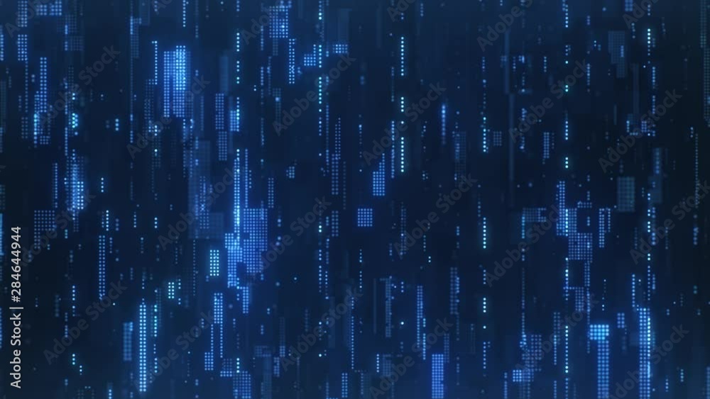 Flying through the abstract high-tech looking particles, which resemble the bright blue flickering pixels combined into matrices randomly spaced over a dark background.