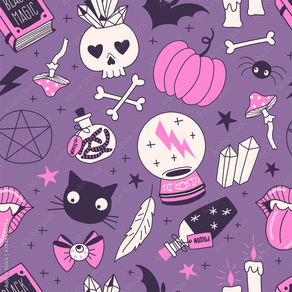 Black magic hand drawn vector seamless pattern. Crystal ball, bottles with  poison, worms, skull, black cat on dark background. Witching stuff wrapping  paper, wallpaper modern textile design Stock Vector | Adobe Stock