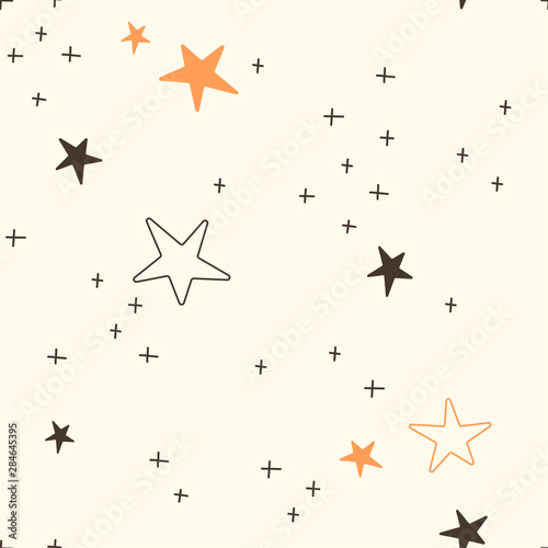 Starry sky hand drawn vector seamless pattern. Constellation simple abstract texture. Stars cluster black  orange drawing on pastel background. Astrology minimalist wrapping paper textile design