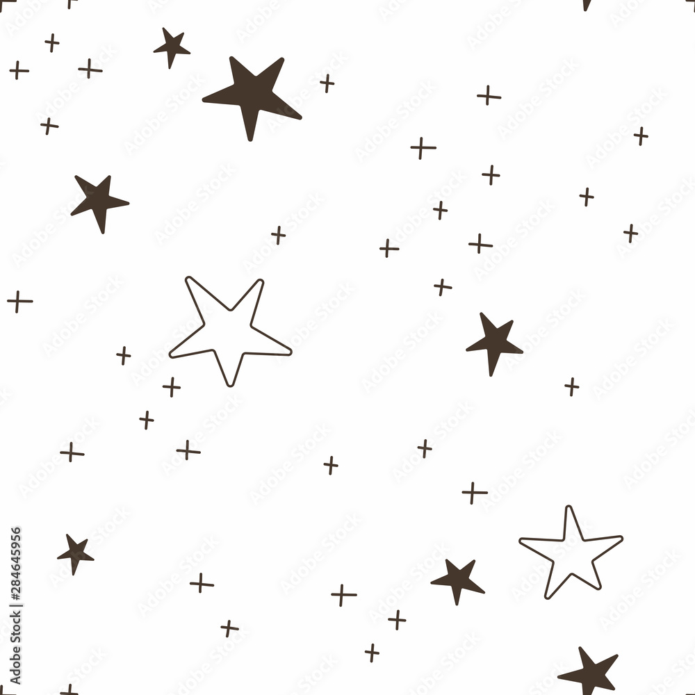 Starry sky hand drawn vector seamless pattern. Constellation simple abstract texture. Stars cluster black, monochrome sketch on white background. Astrology minimalist wrapping paper textile design