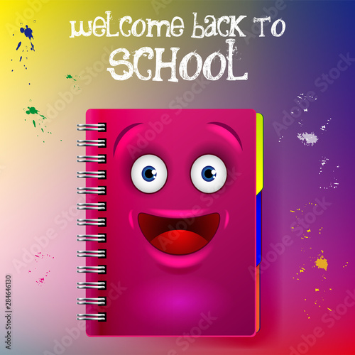 Back to school vector banner design with colorful funny school noteboock, education items and space for text in a background.  photo