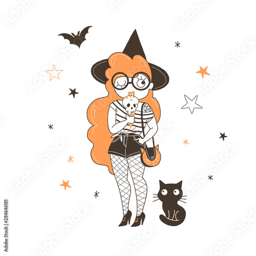 Witch eating ice cream flat vector illustration. Red haired young girl with creepy skull plombir isolated cartoon character on starry white background. Black cat, flying bat design element