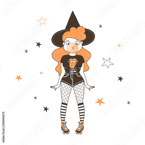 Witch chewing gum flat vector illustration. Young girl roller skating isolated cartoon character on starry white background. Spooky autumn holiday celebration. Halloween costume design element