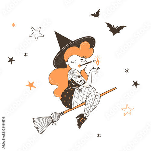 Smoking witch on broom flat vector illustration. Tattooed sexy sorceress isolated cartoon character on starry white background. Winking naughty young girl, halloween costume design element