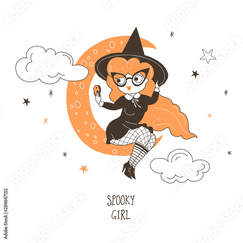 Witch sitting on moon flat vector illustration. Spooky girl taking selfie isolated cartoon character on starry white background. Sexy woman in halloween costume on crescent moon design element