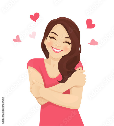 Happy cute woman with curly hairstyle hugging herself with enjoying emotions isoleted. Love concept of yourself body vector illustration