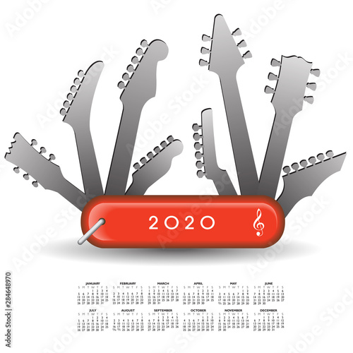 2020 Calendar with an army knife made up of guitar headstocks  A template with multiple possibilities.  