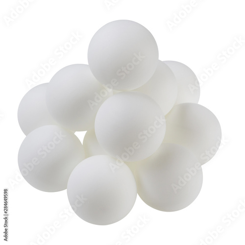 a pile of plastic white balls for ping pong, on a white background