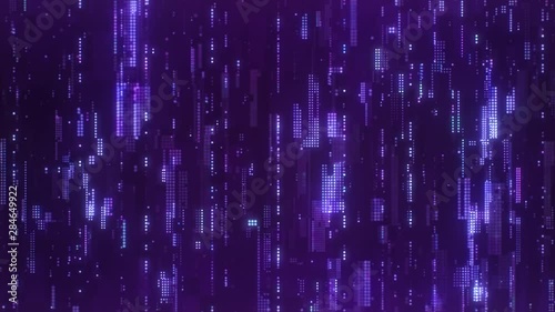 The abstract high-tech digital background represents information transfer. Flying sideways along the bright purple flickering pixels combined into matrices randomly spaced over a dark background.