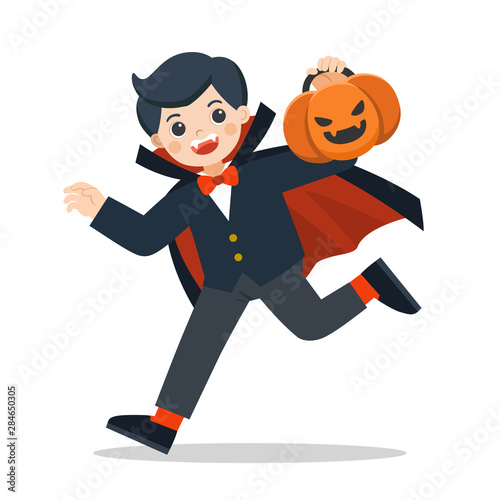 Little boy in Dracula costume with pumpkin basket for Trick or Treat on white background. Happy Halloween.