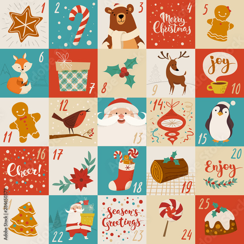 Christmas advent vector calendar design with holiday characters, food and symbols