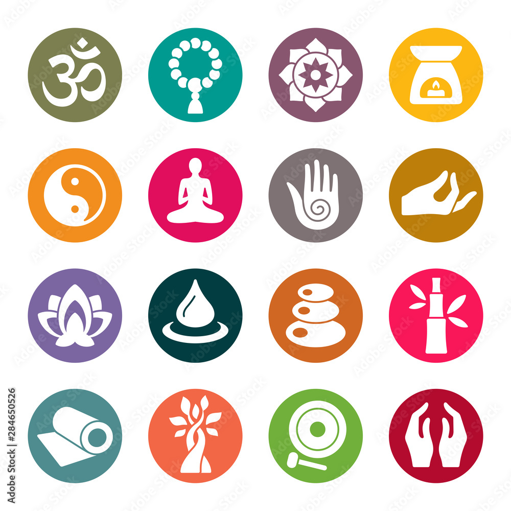 Yoga and meditation colourful vector icons