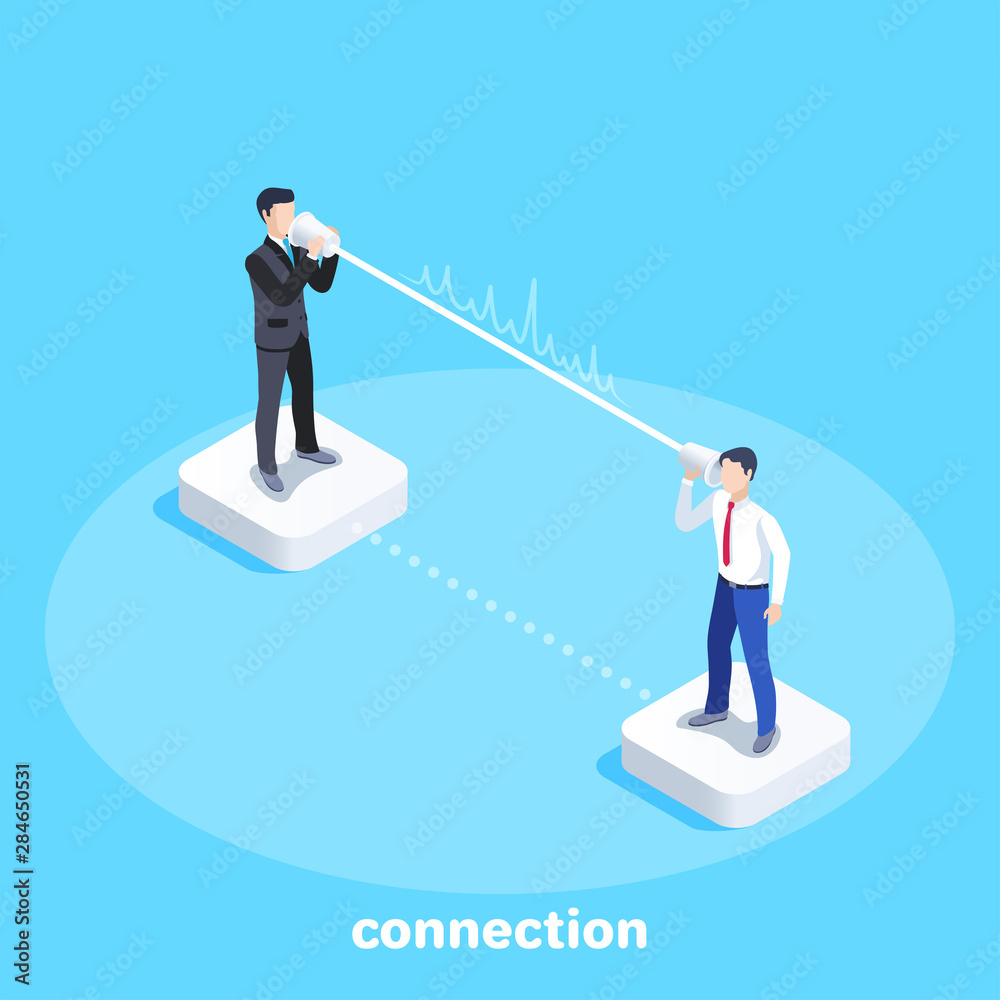 isometric vector image on a blue background, men in business suits are holding a homemade means of talking at a distance, setting up communication isometric vector image on a blue background, men in business suits are holding a homemade means of talking at a distance, setting up communication