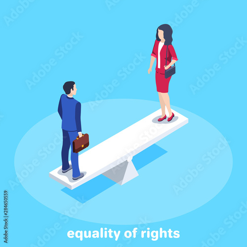 isometric vector image on a blue background, a man and a woman in business suits are standing on a balancing board, the rights of men and women, gender equality