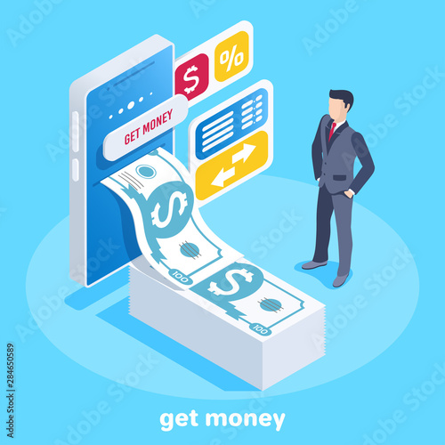 isometric vector image on a blue background, a man in a business suit is standing near the smartphone and out of it comes a banknote, a mobile bank and receiving money