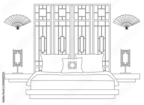 linear bedroom in oriental style. Chinese outline interior. Vector asian lounge room. Pattern for coloring book. Japanese bedroom.