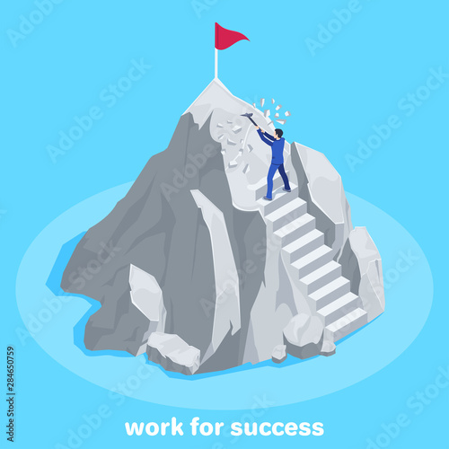 isometric vector image on a blue background, a man in a business suit makes his way up the mountain to achieve goals, to success through work