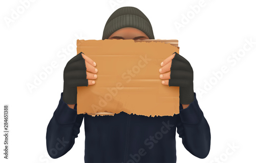 Homeless. Man holding up blank cardboard sign. Homeless holding a cardboard. Isolated vector illustration