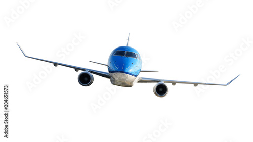 Front view of a generic modern passenger airplane isolated on a white background.