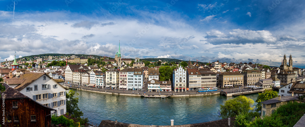 Panoramic view of old downtown Zurich with Limmat river in summer