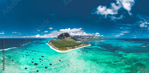 Aerial view of Le morne Brabant in Mauriutius  panoramic view on island.