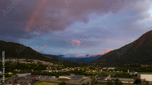 Night sky in Orsta Norway. Panoramic aerial view from drone at sunset in july 2019