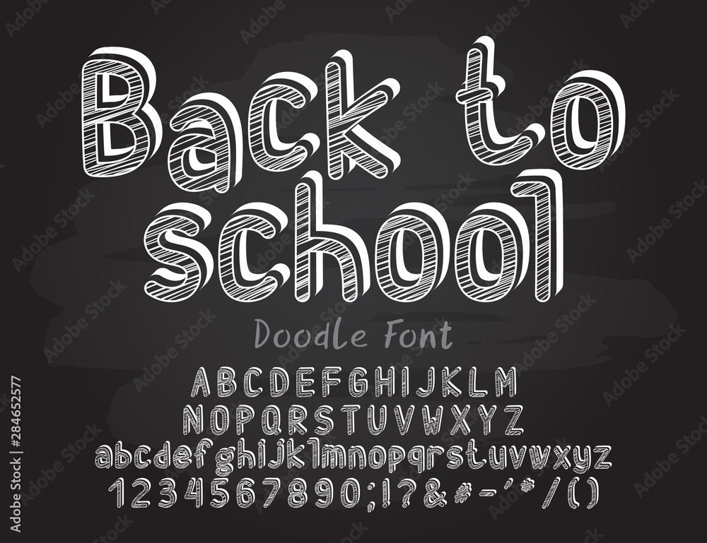 Back to school, chalk vector font. Uppercase and lowercase English